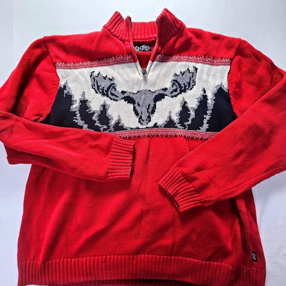 Chaps Mens XXL Red Moose Forest Intarsia Quarter Zip Cotton Knit Sweater